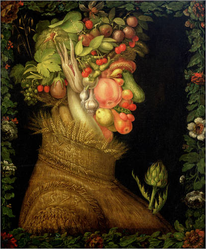 Guiseppe Arcimboldo Serie Kunst Künstler, Manierismus, Barock, Gemüse, Obst Collage, Gemälde, Öl, Leinwand, Idee, KReativ, Gestaltung, Malerei, Vier Elemente, JAhreszeiten, Feuer Wasser Erde Luft, Frühling, Sommer, Herbst und Winter