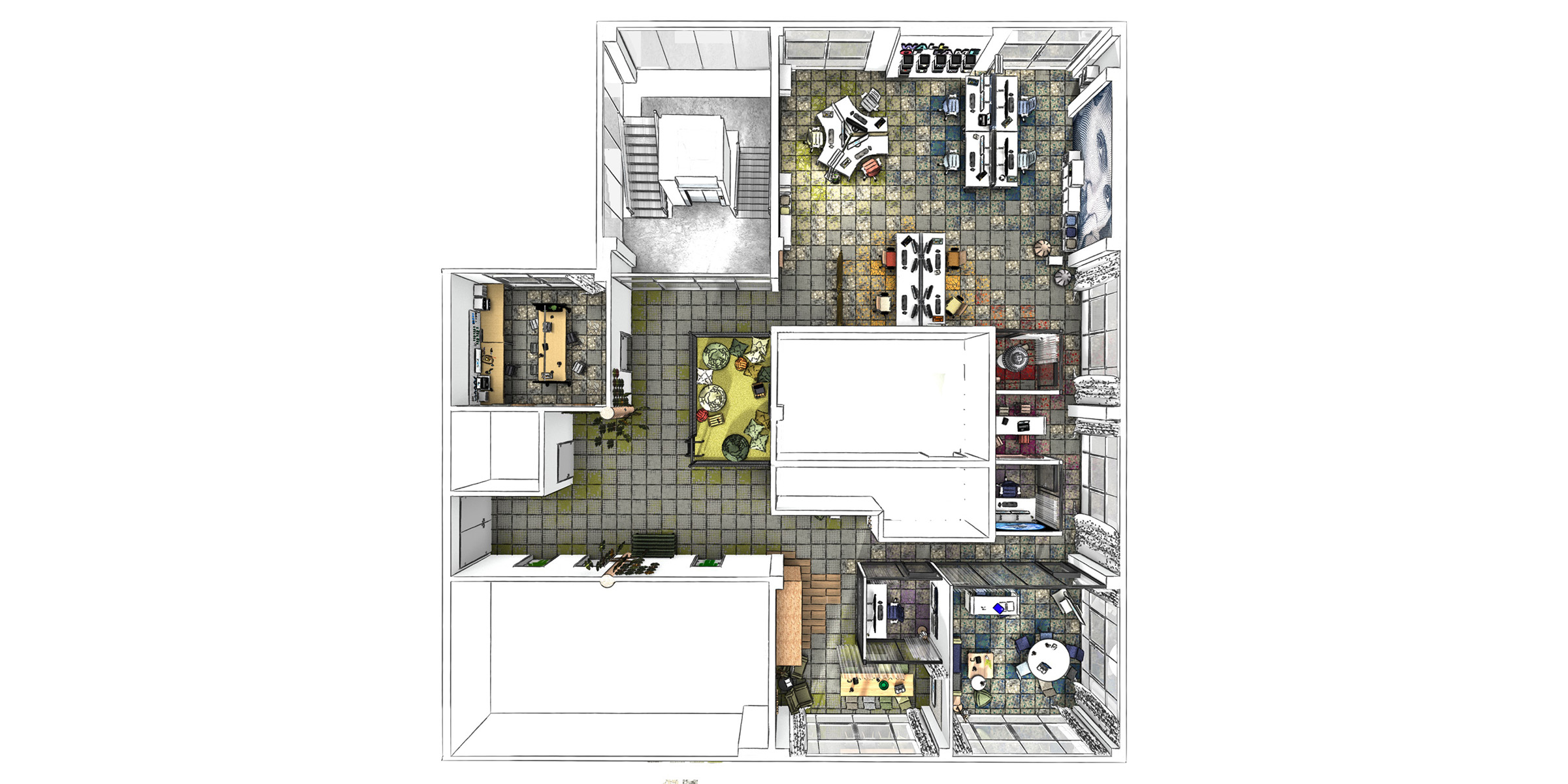 Draufsicht , Grundriss 3D Rendering von neuen Arbeitswelten im Büro