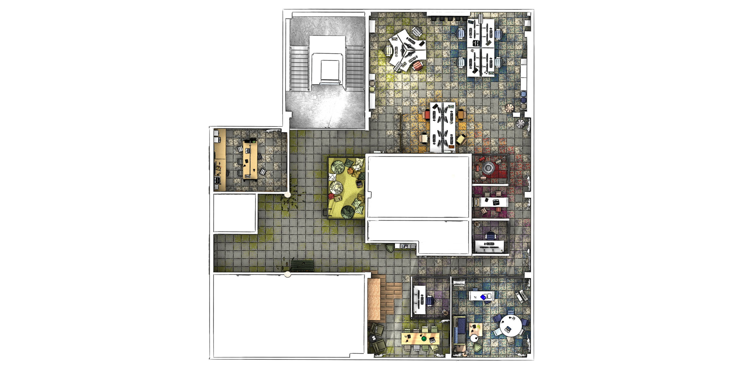 Draufsicht , Grundriss 3D Rendering von neuen Arbeitswelten im Büro