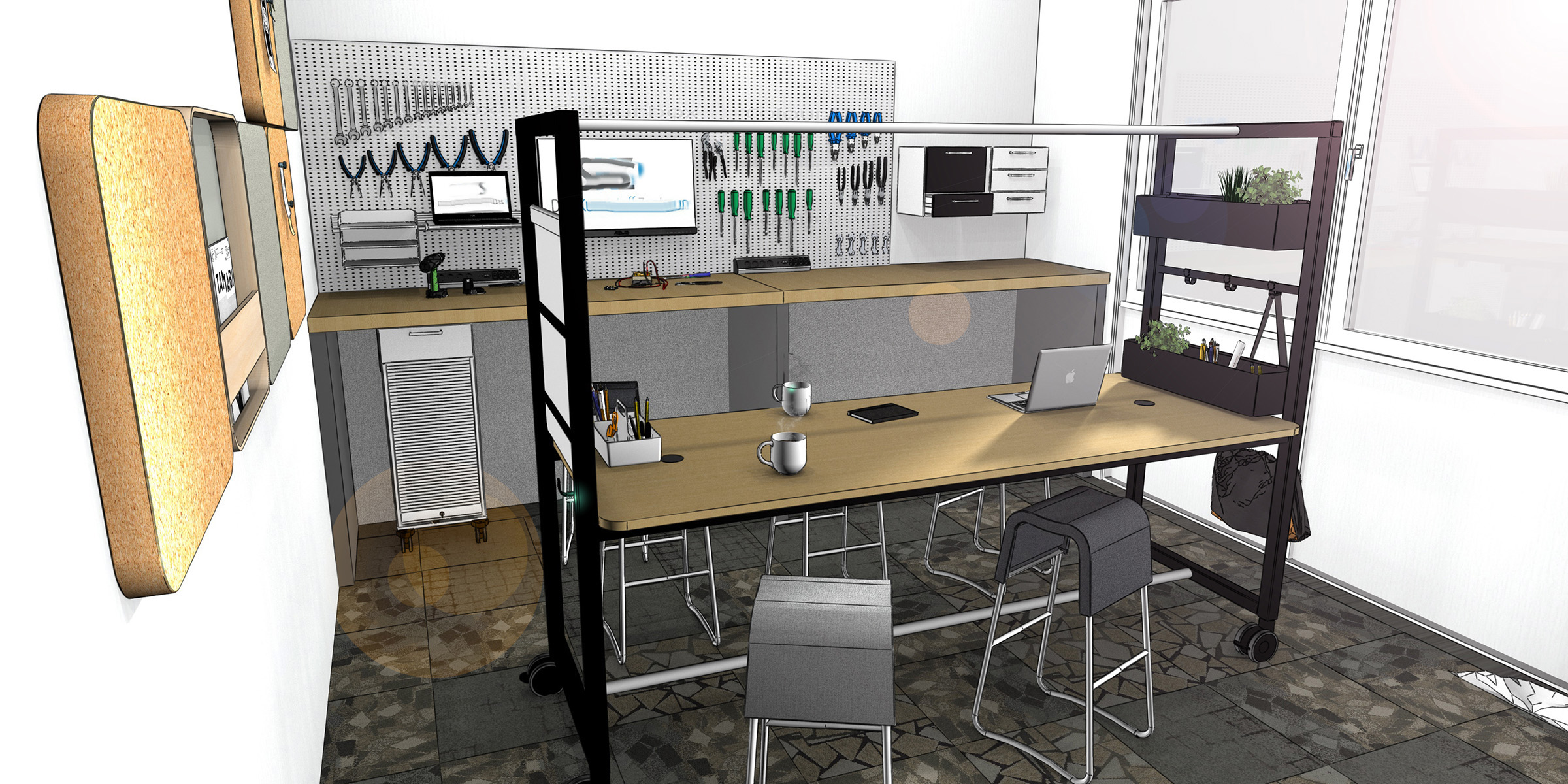 Werkstatt, Makerspace, Thinktank, Besprechungsraum, Teamraum für temporäre Arbeit in einem Büro, neue Arbeitwelten, Inenanrchitektur 3D Rendering