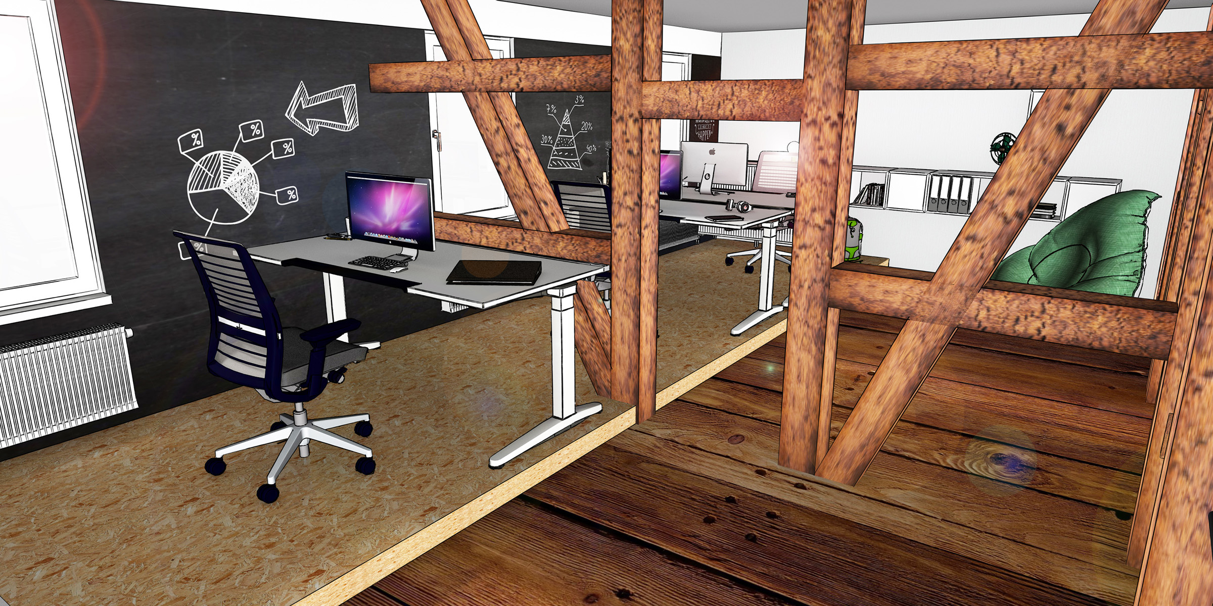 Innenarchitektur Coworking Space Büo Design Entwurf Rendering