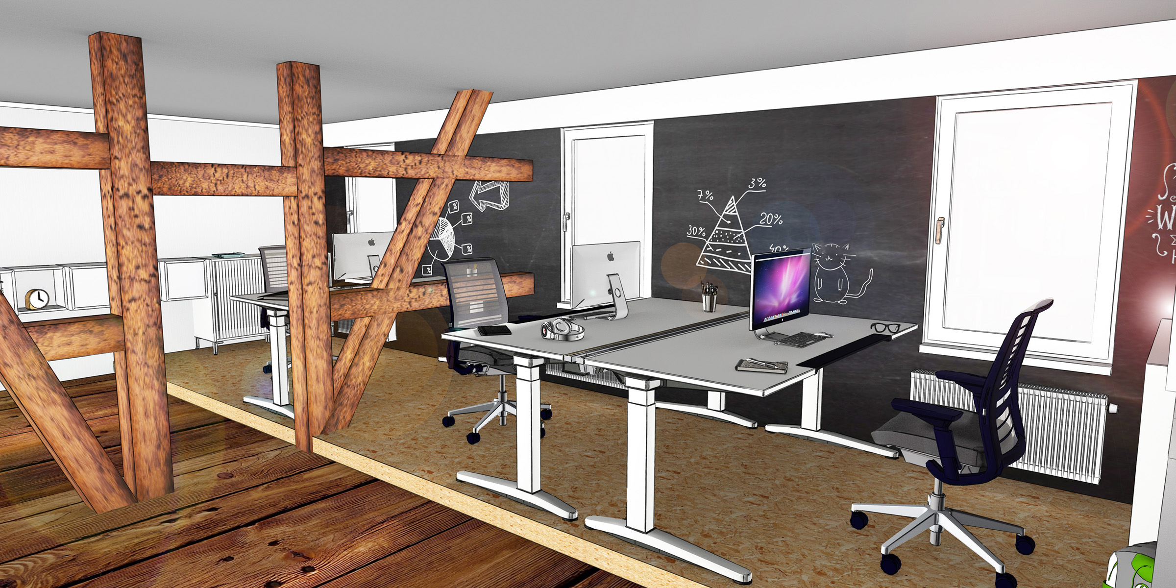 Innenarchitektur Coworking Space Büo Design Entwurf Rendering